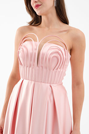 Kadın Pudra Göğüs Detay Uzun Saten Abiye Elbise