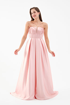 Kadın Pudra Göğüs Detay Uzun Saten Abiye Elbise