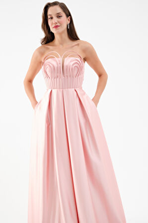 Kadın Pudra Göğüs Detay Uzun Saten Abiye Elbise