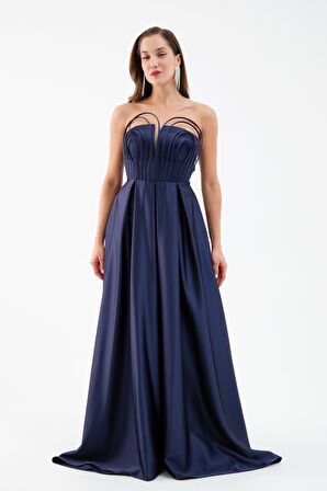 Kadın Lacivert Göğüs Detay Uzun Saten Abiye Elbise