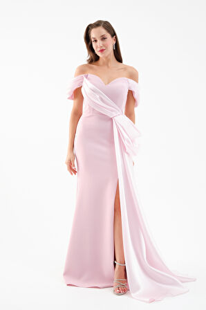 Kadın Pudra Kayık Yaka Kuyruklu Uzun Abiye Elbise