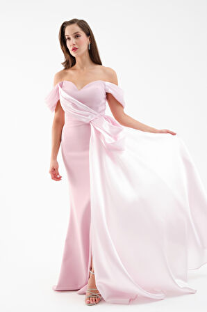Kadın Pudra Kayık Yaka Kuyruklu Uzun Abiye Elbise