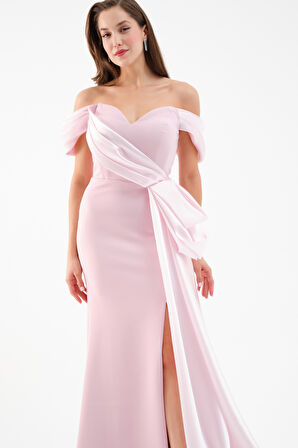 Kadın Pudra Kayık Yaka Kuyruklu Uzun Abiye Elbise