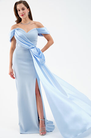 Kadın Bebe Mavi Kayık Yaka Kuyruklu Uzun Abiye Elbise