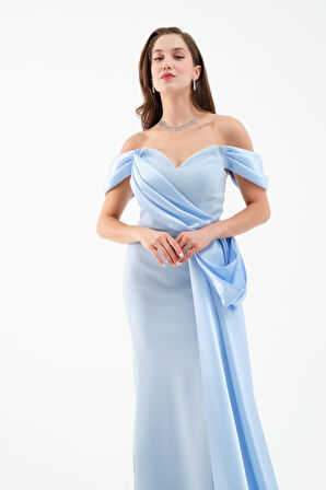 Kadın Bebe Mavi Kayık Yaka Kuyruklu Uzun Abiye Elbise