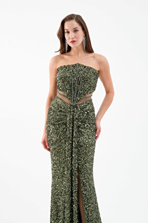 Kadın Haki Straplez Yırtmaçlı Uzun Abiye Elbise