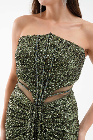 Kadın Haki Straplez Yırtmaçlı Uzun Abiye Elbise