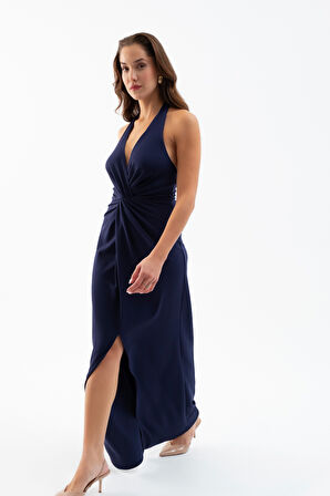 Kadın Lacivert Halter Yaka Düğüm Detaylı Uzun Elbise