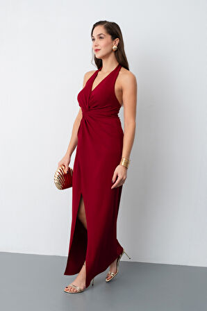 Kadın Bordo Halter Yaka Düğüm Detaylı Uzun Elbise
