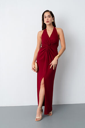 Kadın Bordo Halter Yaka Düğüm Detaylı Uzun Elbise