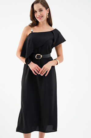 Kadın Siyah Kemerli Midi Elbise