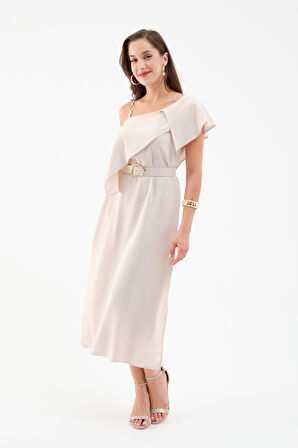 Kadın Bej Kemerli Midi Elbise