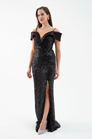 Kadın Siyah Kayık Yaka Yırtmaçlı Söz Nişan Nikah Abiye Elbise