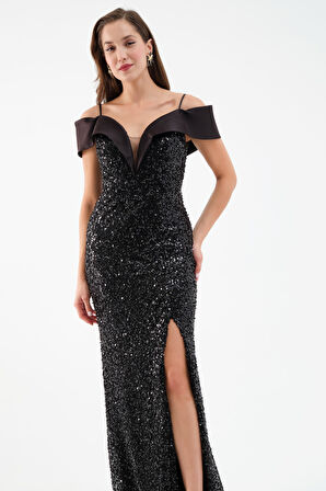 Kadın Siyah Kayık Yaka Yırtmaçlı Söz Nişan Nikah Abiye Elbise