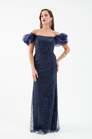 Kadın Lacivert Kol Detay Boncuklu Uzun Abiye Elbise