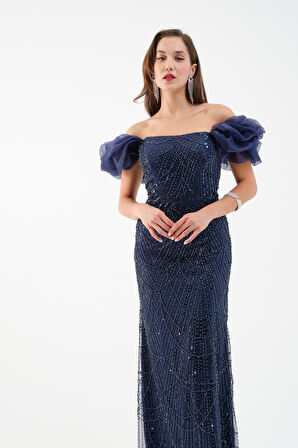 Kadın Lacivert Kol Detay Boncuklu Uzun Abiye Elbise