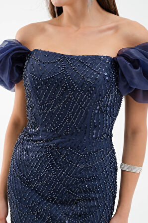 Kadın Lacivert Kol Detay Boncuklu Uzun Abiye Elbise