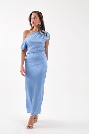 Kadın Bebe Mavi Degaje Yaka Desenli Midi Elbise