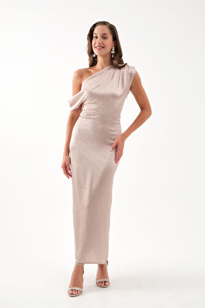 Kadın Bej Degaje Yaka Desenli Midi Elbise