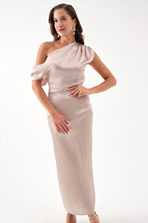 Kadın Bej Degaje Yaka Desenli Midi Elbise