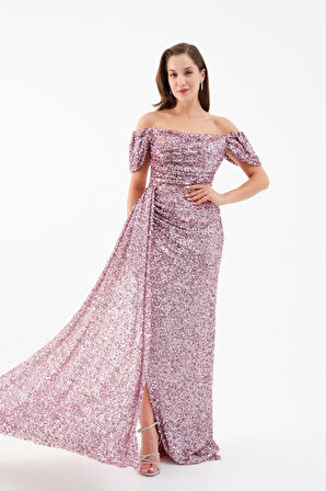 Kadın Pudra Pul Payet İşlemeli Uzun Abiye Elbise