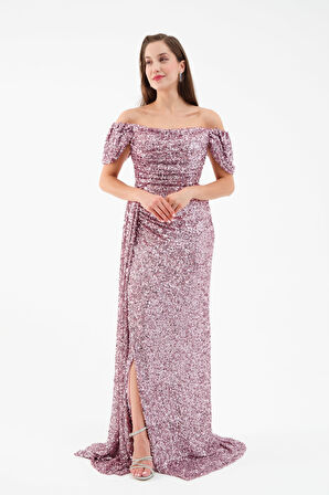 Kadın Pudra Pul Payet İşlemeli Uzun Abiye Elbise