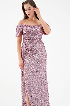 Kadın Pudra Pul Payet İşlemeli Uzun Abiye Elbise