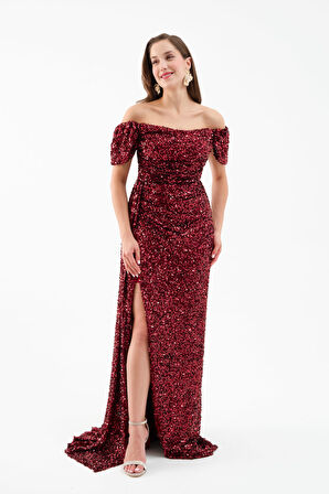 Kadın Bordo Pul Payet İşlemeli Uzun Abiye Elbise