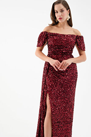 Kadın Bordo Pul Payet İşlemeli Uzun Abiye Elbise