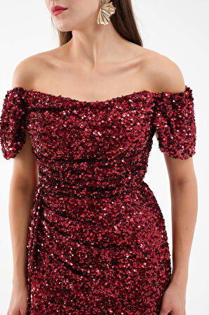 Kadın Bordo Pul Payet İşlemeli Uzun Abiye Elbise