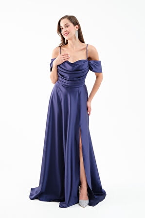 Kadın Lacivert Düşük Kol Saten Abiye Elbise
