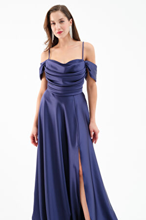 Kadın Lacivert Düşük Kol Saten Abiye Elbise