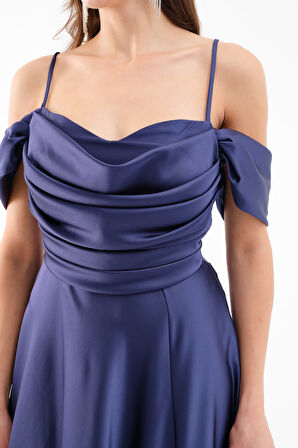 Kadın Lacivert Düşük Kol Saten Abiye Elbise