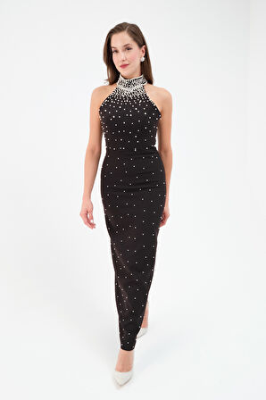 Kadın Siyah Halter Yaka İncili Söz Nişan Nikah Abiye Elbise