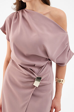 Kadın Vizon Aksesuar Detay Midi Elbise