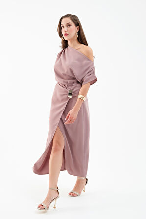 Kadın Vizon Aksesuar Detay Midi Elbise