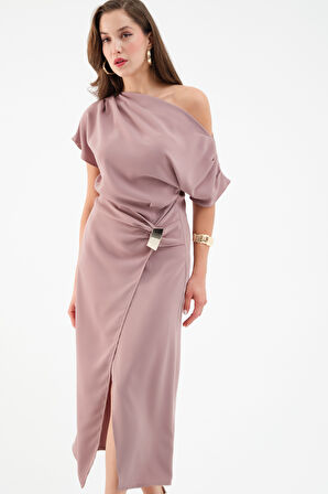 Kadın Vizon Aksesuar Detay Midi Elbise