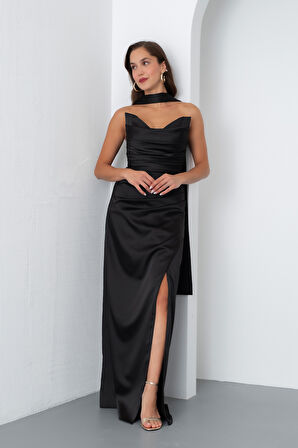 Kadın Siyah Şal Yaka Saten Uzun Abiye Elbise