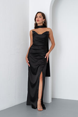 Kadın Siyah Şal Yaka Saten Uzun Abiye Elbise