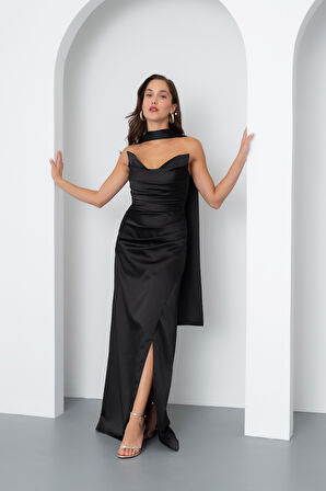 Kadın Siyah Şal Yaka Saten Uzun Abiye Elbise