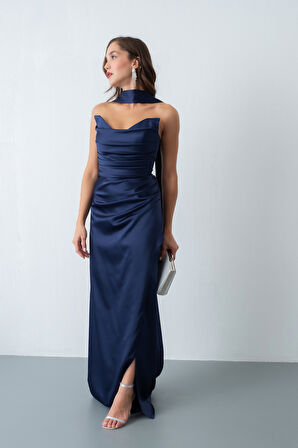 Kadın Lacivert Şal Yaka Saten Uzun Abiye Elbise