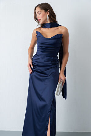 Kadın Lacivert Şal Yaka Saten Uzun Abiye Elbise