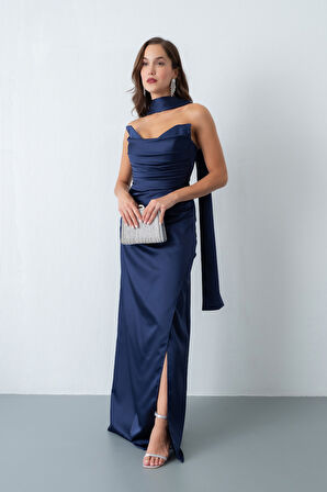 Kadın Lacivert Şal Yaka Saten Uzun Abiye Elbise