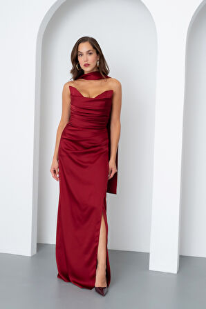 Kadın Bordo Şal Yaka Saten Uzun Abiye Elbise
