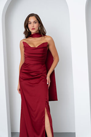 Kadın Bordo Şal Yaka Saten Uzun Abiye Elbise