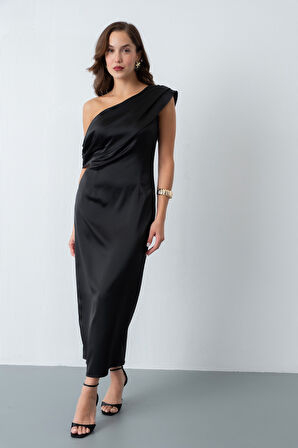 Kadın Siyah Degaje Yaka Saten Elbise