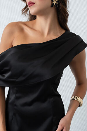 Kadın Siyah Degaje Yaka Saten Elbise