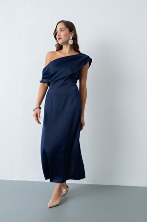 Kadın Lacivert Degaje Yaka Saten Elbise