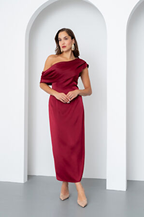 Kadın Bordo Degaje Yaka Saten Elbise