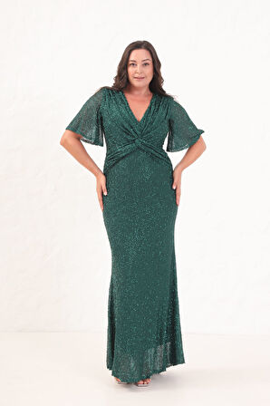 Kadın Zümrüt Yeşili V Yaka Kısa Kol Boncuk İşlemeli Büyük Beden Abiye Elbise